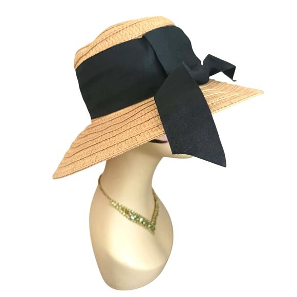 Four Buttons Straw Sun Hat Wide Brim Black Ribbon Coastal Chic One Size Summer